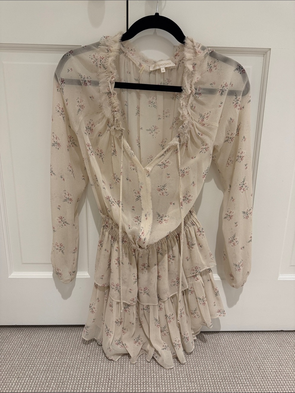 LoveShackFancy Cream Floral Tiered Mini Dress
